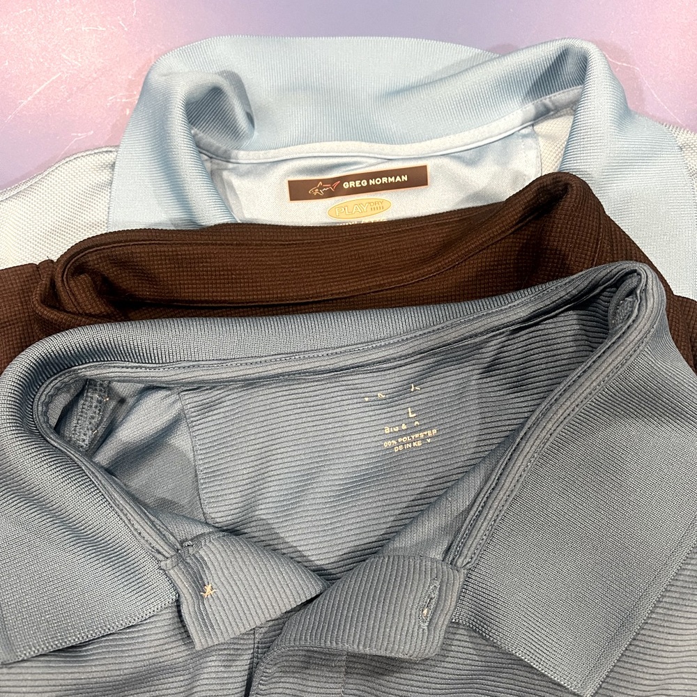 3 golf shirts/polo. Black/bluegrey/light blue.